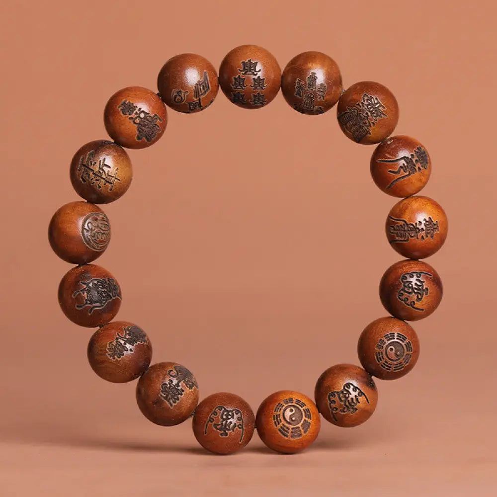 Buddha Stones Lightning Struck Jujube Wood Yin Yang Bagua Taoist Taboo Scripture Symbol Engraved Luck Bracelet - BWOOOH