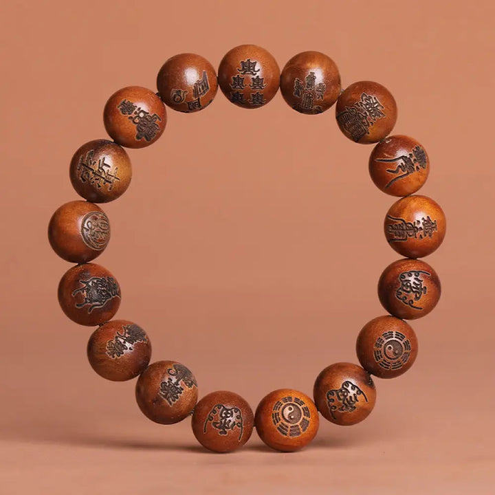 Buddha Stones Lightning Struck Jujube Wood Yin Yang Bagua Taoist Taboo Scripture Symbol Engraved Luck Bracelet - BWOOOH