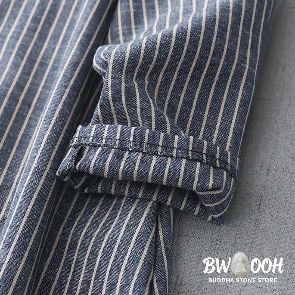 Buddha Stones LightSteelBlue White Striped Long Sleeve Lapel Cotton Linen Midi Dress With Pockets - Midi Dress