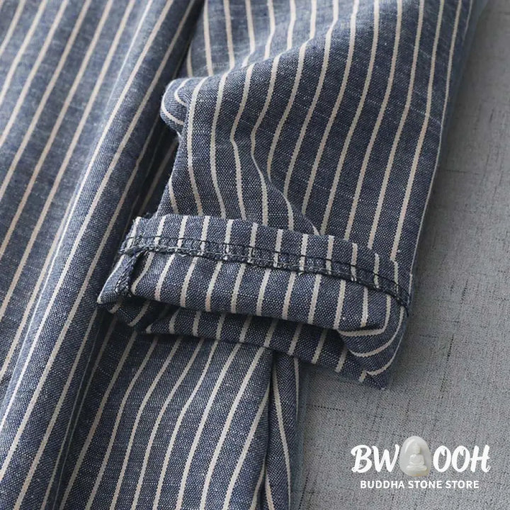 Buddha Stones LightSteelBlue White Striped Long Sleeve Lapel Cotton Linen Midi Dress With Pockets - Midi Dress