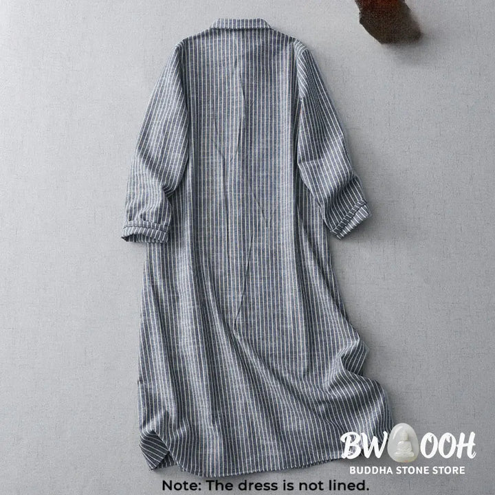 Buddha Stones LightSteelBlue White Striped Long Sleeve Lapel Cotton Linen Midi Dress With Pockets - Midi Dress