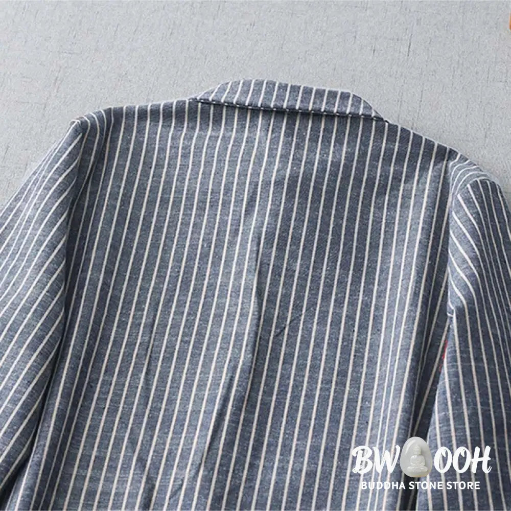 Buddha Stones LightSteelBlue White Striped Long Sleeve Lapel Cotton Linen Midi Dress With Pockets - Midi Dress