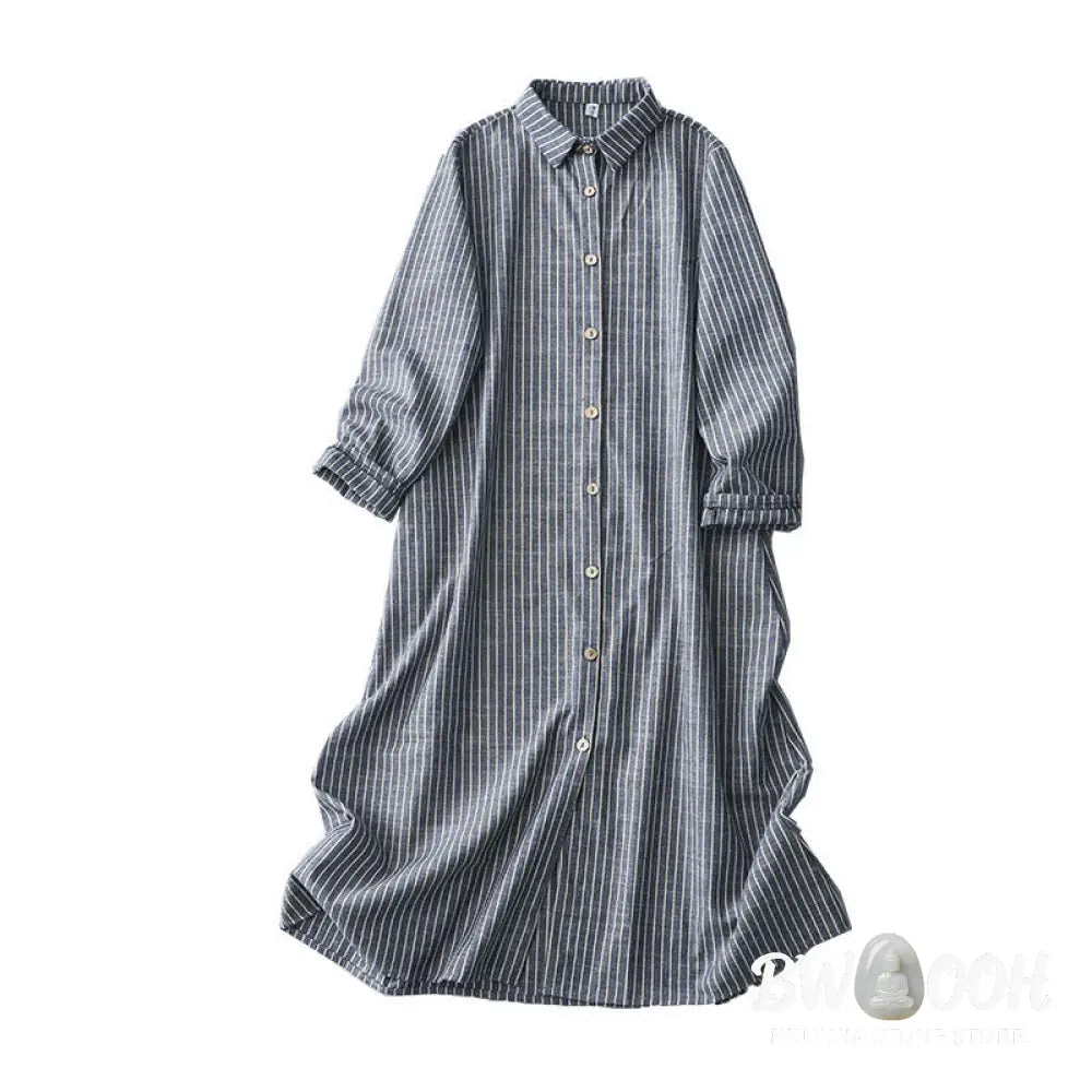 Buddha Stones LightSteelBlue White Striped Long Sleeve Lapel Cotton Linen Midi Dress With Pockets - Midi Dress