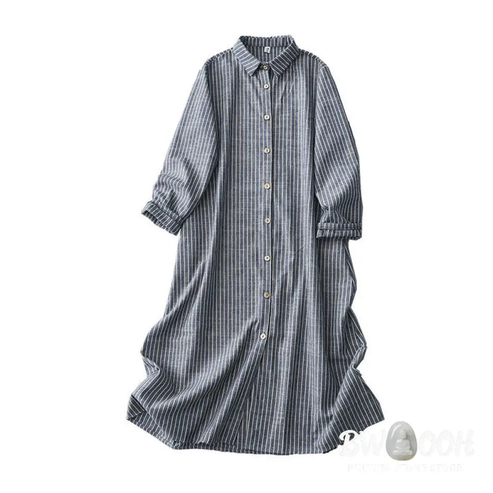 Buddha Stones LightSteelBlue White Striped Long Sleeve Lapel Cotton Linen Midi Dress With Pockets - Midi Dress