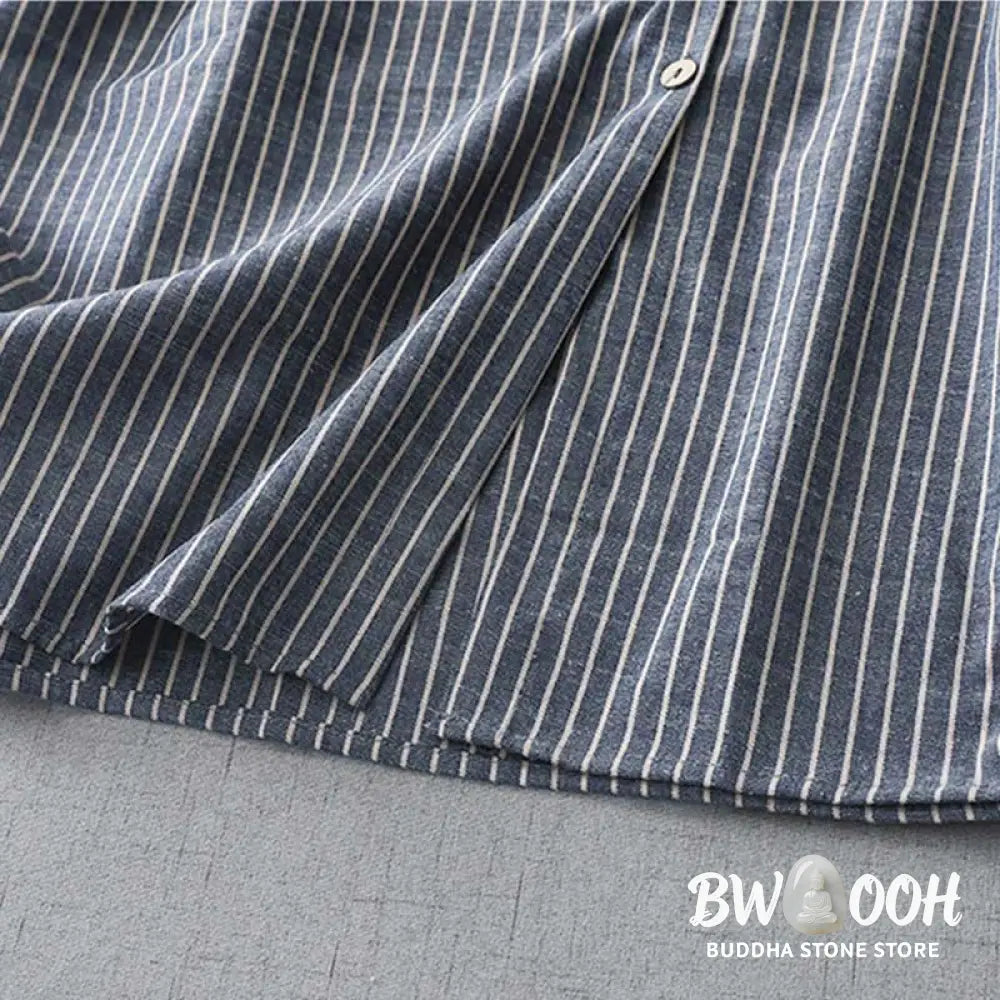 Buddha Stones LightSteelBlue White Striped Long Sleeve Lapel Cotton Linen Midi Dress With Pockets - Midi Dress