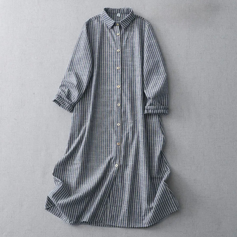 BWOOOH LightSteelBlue White Striped Long Sleeve Lapel Cot