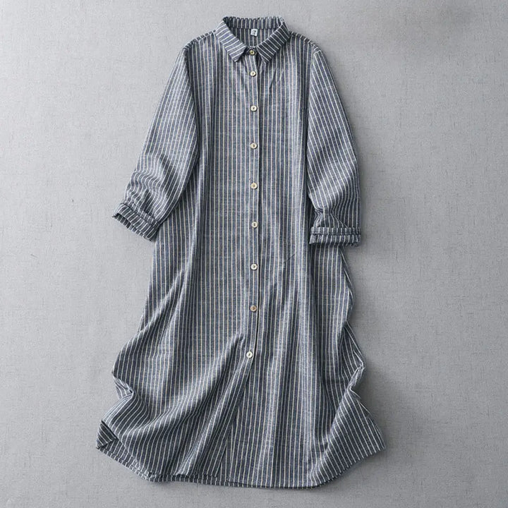 BWOOOH LightSteelBlue White Striped Long Sleeve Lapel Cot