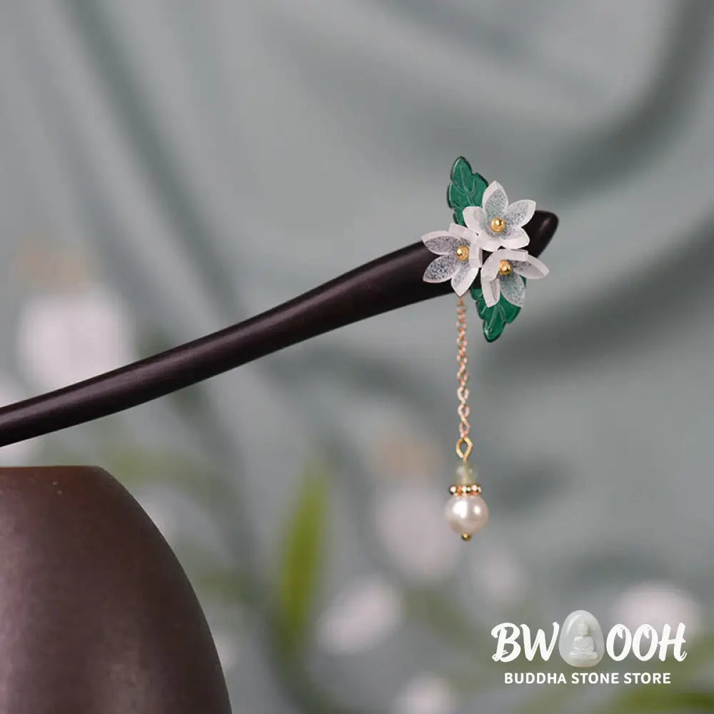 Buddha Stones Lily Of The Valley Pearl Tassel Wood Hairpin - Lily Of The Valley Tassel Hairpin - Hairpin