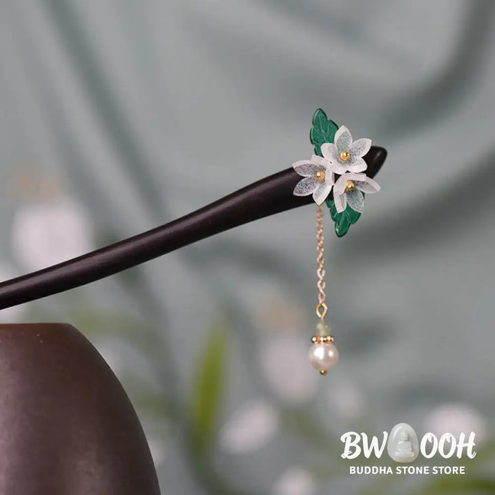 Buddha Stones Lily Of The Valley Pearl Tassel Wood Hairpin - Lily Of The Valley Tassel Hairpin - Hairpin
