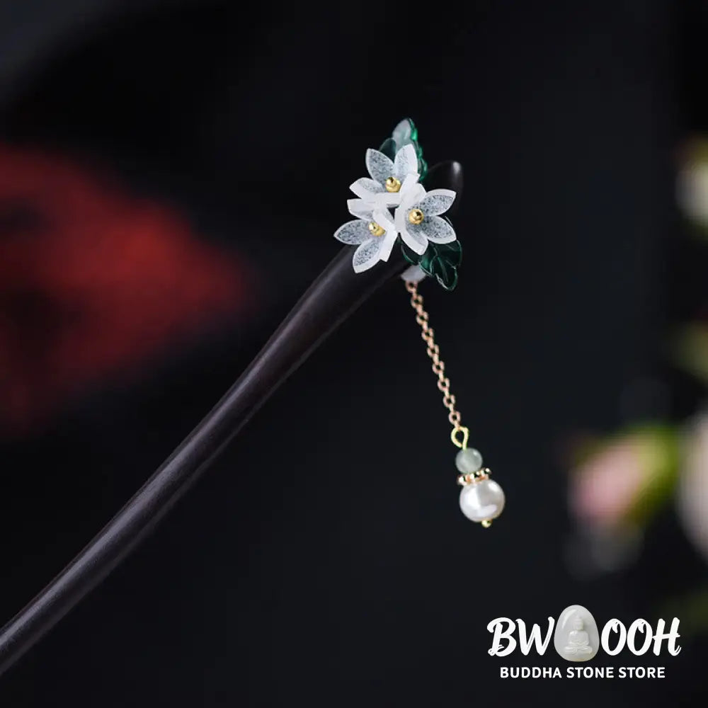 Buddha Stones Lily Of The Valley Pearl Tassel Wood Hairpin - Lily Of The Valley Tassel Hairpin - Hairpin