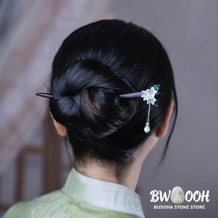 Buddha Stones Lily Of The Valley Pearl Tassel Wood Hairpin - Lily Of The Valley Tassel Hairpin - Hairpin