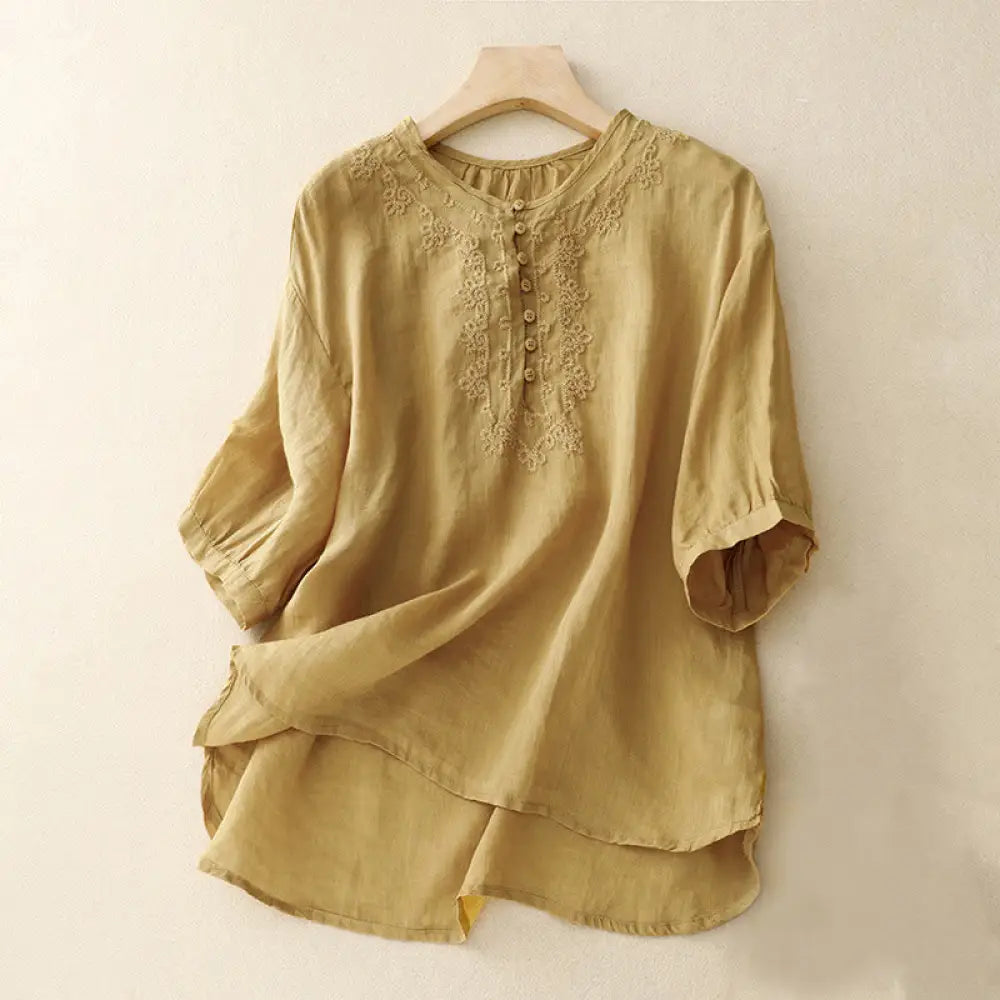 Buddha Stones Line Embroidery Button Crew Neck Half Sleeve Women’s Cotton Shirt - Goldenrod / US6，UK/AU10，EU38 (M)