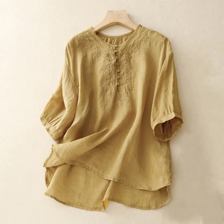 Buddha Stones Line Embroidery Button Crew Neck Half Sleeve Women’s Cotton Shirt - Goldenrod / US6，UK/AU10，EU38 (M)