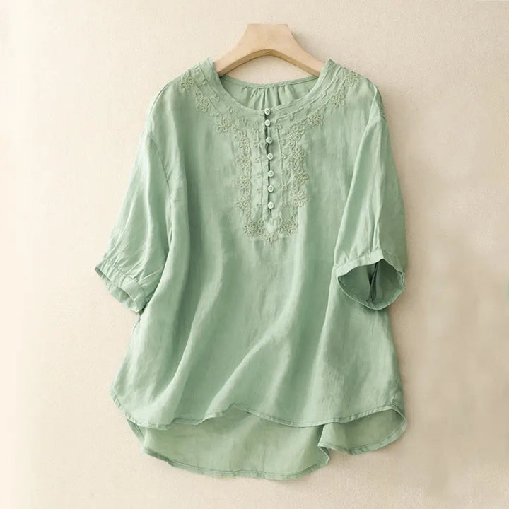 BWOOOH Line Embroidery Button Crew Neck Half Sleeve Women