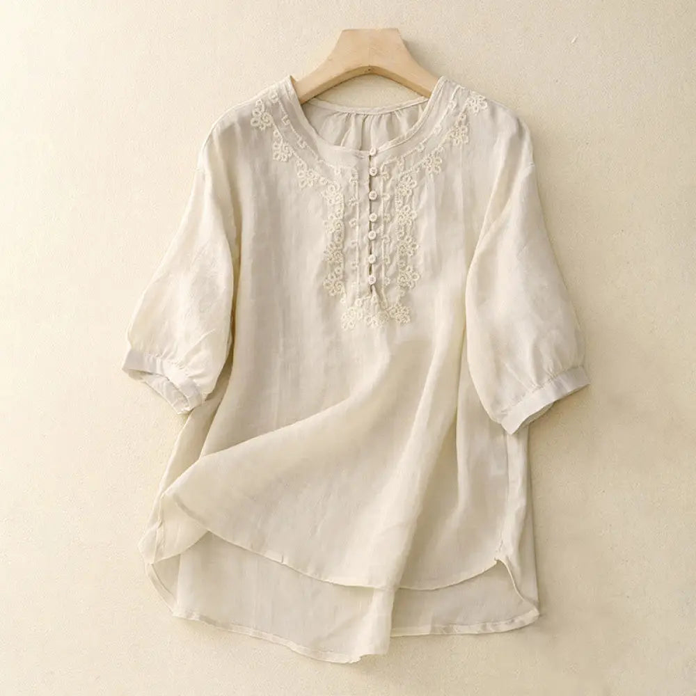 Buddha Stones Line Embroidery Button Crew Neck Half Sleeve Women’s Cotton Shirt - Linen / US6，UK/AU10，EU38 (M)