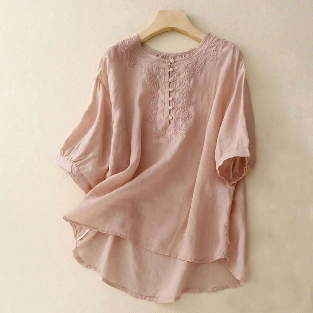 Buddha Stones Line Embroidery Button Crew Neck Half Sleeve Women’s Cotton Shirt - Pink / US6，UK/AU10，EU38 (M) - Women’s