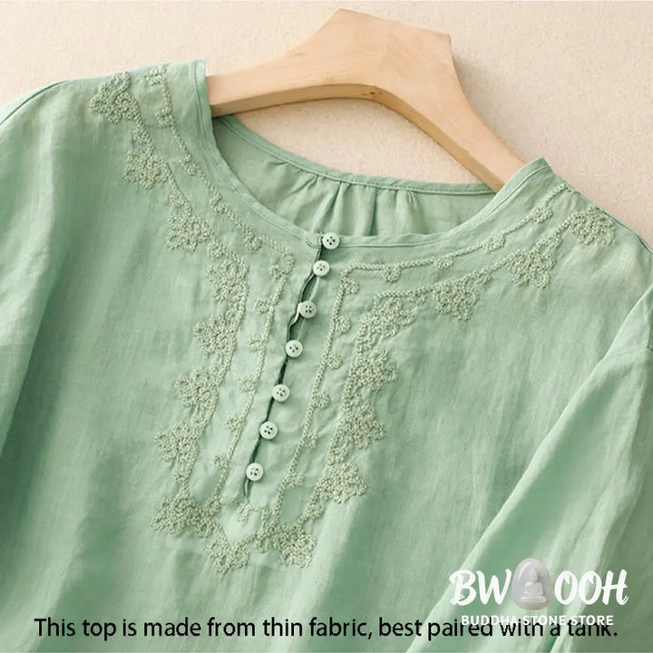 Buddha Stones Line Embroidery Button Crew Neck Half Sleeve Women’s Cotton Shirt - Women’s Shirts