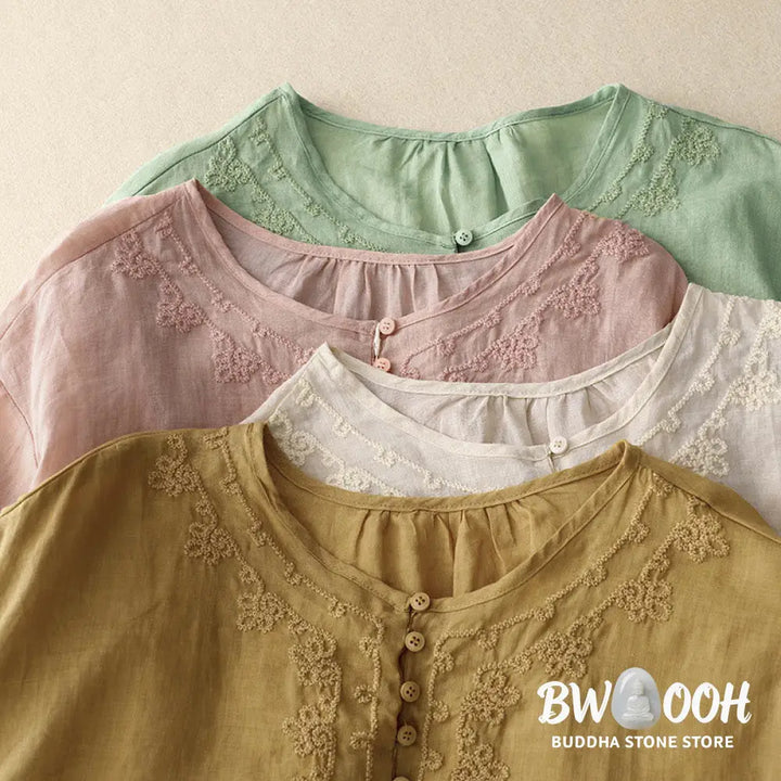 Buddha Stones Line Embroidery Button Crew Neck Half Sleeve Women’s Cotton Shirt - Women’s Shirts