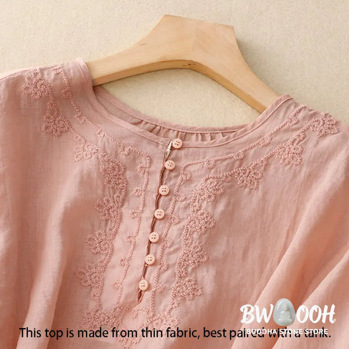 Buddha Stones Line Embroidery Button Crew Neck Half Sleeve Women’s Cotton Shirt - Women’s Shirts