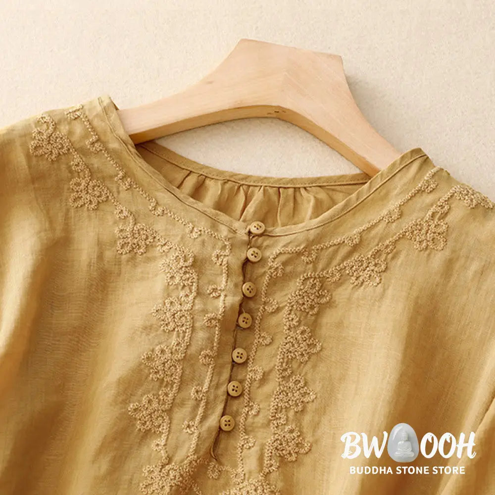 Buddha Stones Line Embroidery Button Crew Neck Half Sleeve Women’s Cotton Shirt - Women’s Shirts