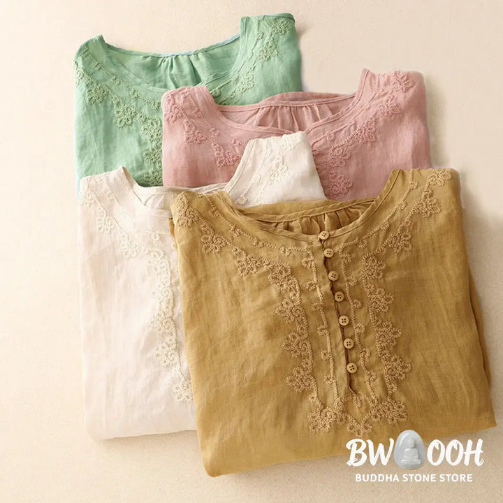 Buddha Stones Line Embroidery Button Crew Neck Half Sleeve Women’s Cotton Shirt - Women’s Shirts