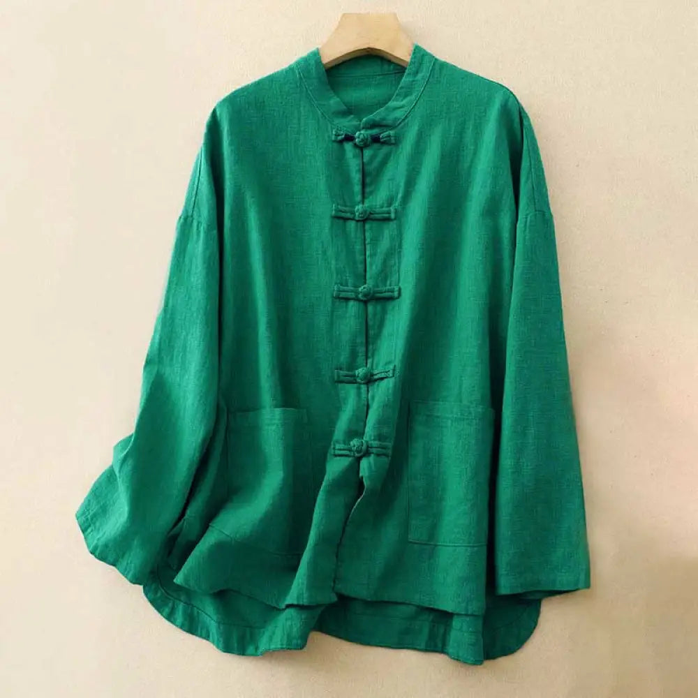 Buddha Stones Literary Artistic Chinese Knot Button Casual Clothing - Green / US4，UK/AU8，EU36 (M) - Women&