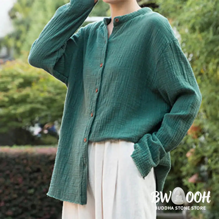 Buddha Stones Literary Artistic Double-Layered Sand Wash Cotton Linen Clothing - Women’s Shirts