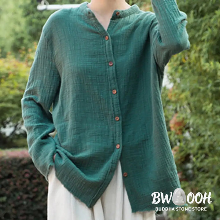 Buddha Stones Literary Artistic Double-Layered Sand Wash Cotton Linen Clothing - Women’s Shirts