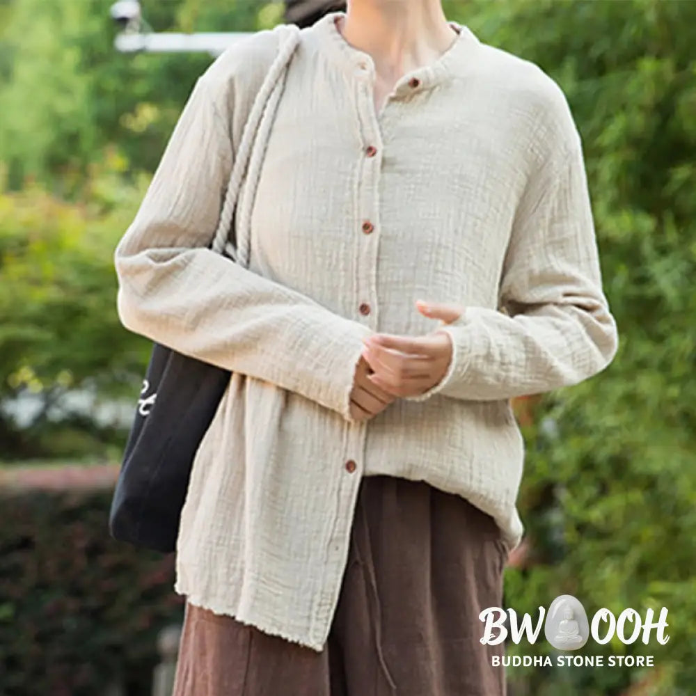 Buddha Stones Literary Artistic Double-Layered Sand Wash Cotton Linen Clothing - Women’s Shirts