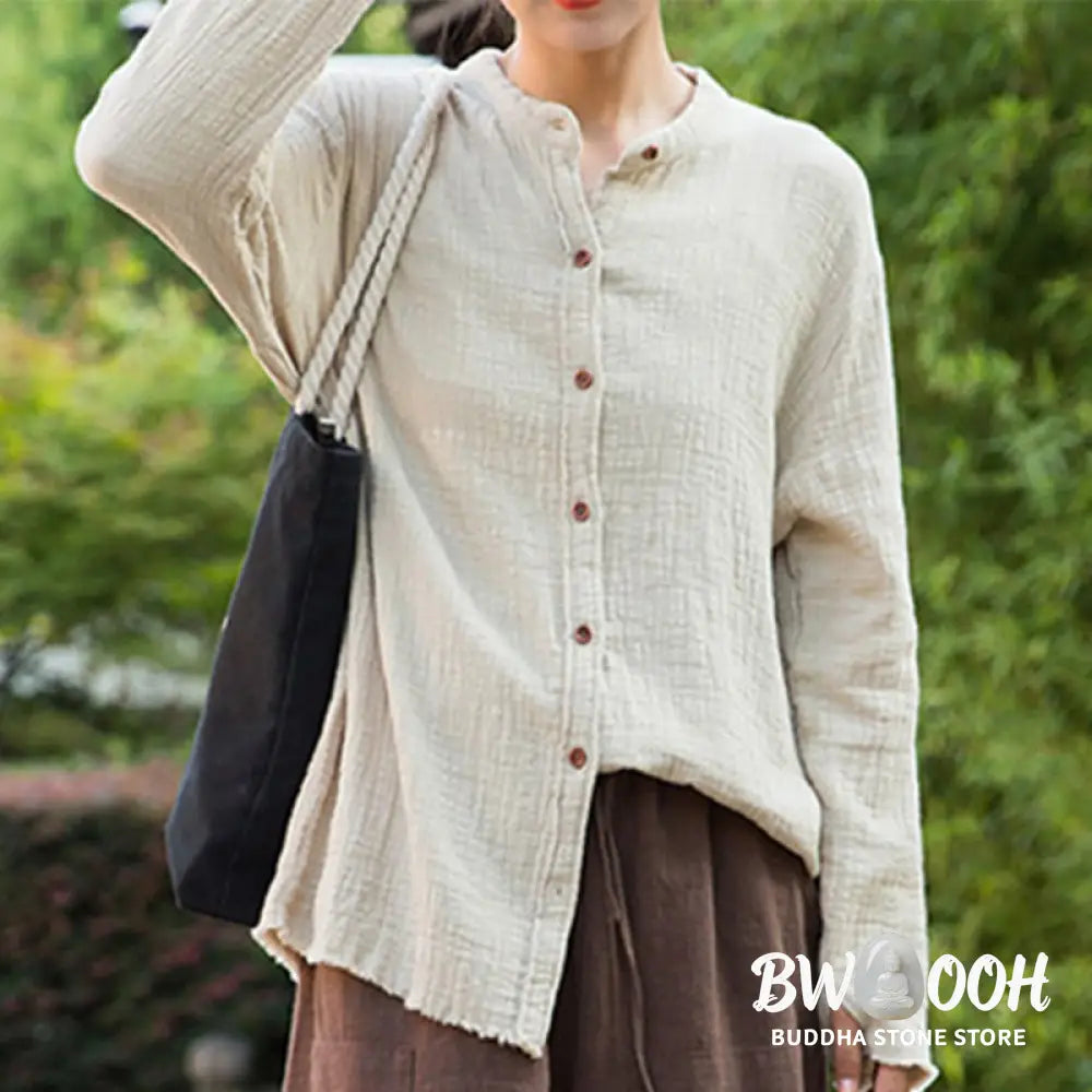 Buddha Stones Literary Artistic Double-Layered Sand Wash Cotton Linen Clothing - Women’s Shirts