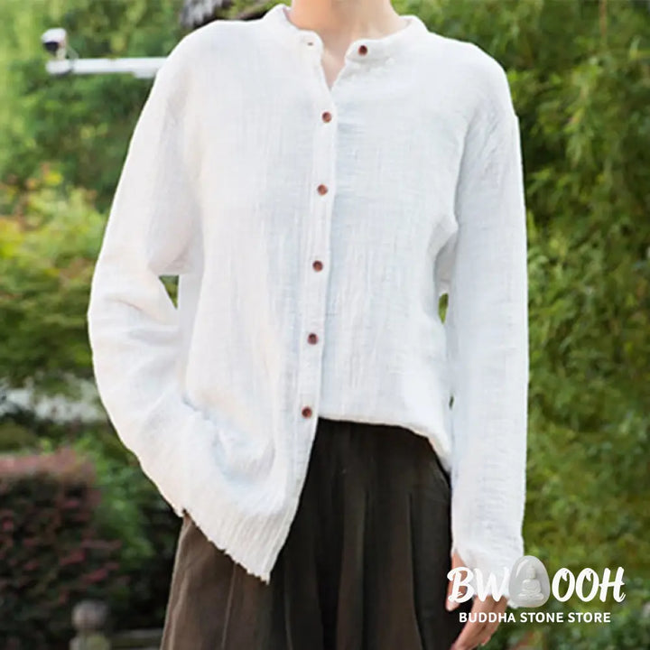 Buddha Stones Literary Artistic Double-Layered Sand Wash Cotton Linen Clothing - Women’s Shirts
