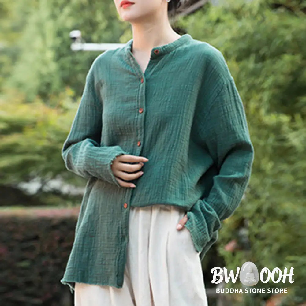 Buddha Stones Literary Artistic Double-Layered Sand Wash Cotton Linen Clothing - Women’s Shirts
