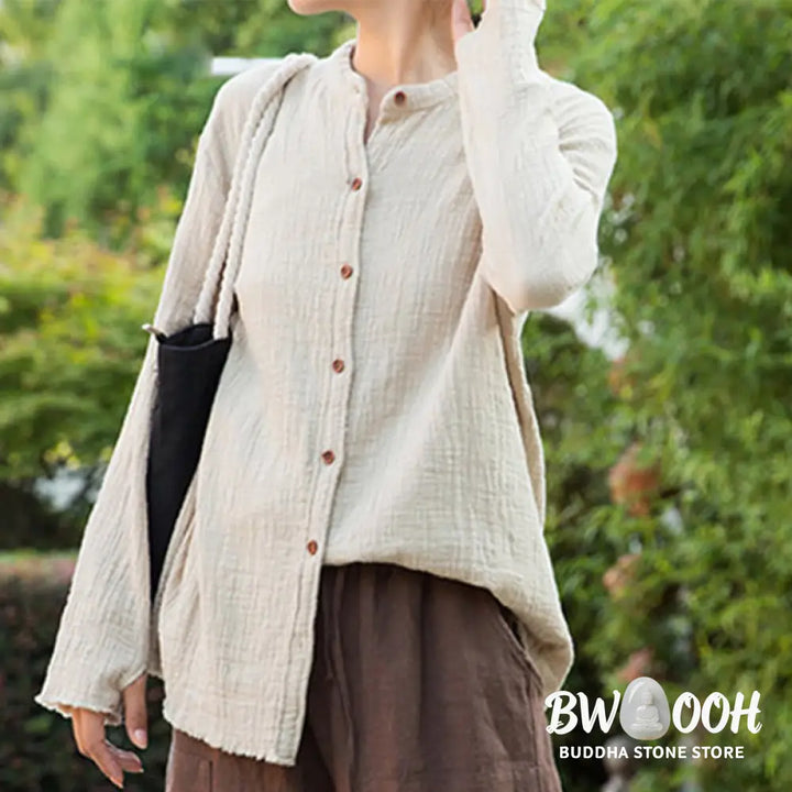 Buddha Stones Literary Artistic Double-Layered Sand Wash Cotton Linen Clothing - Women’s Shirts