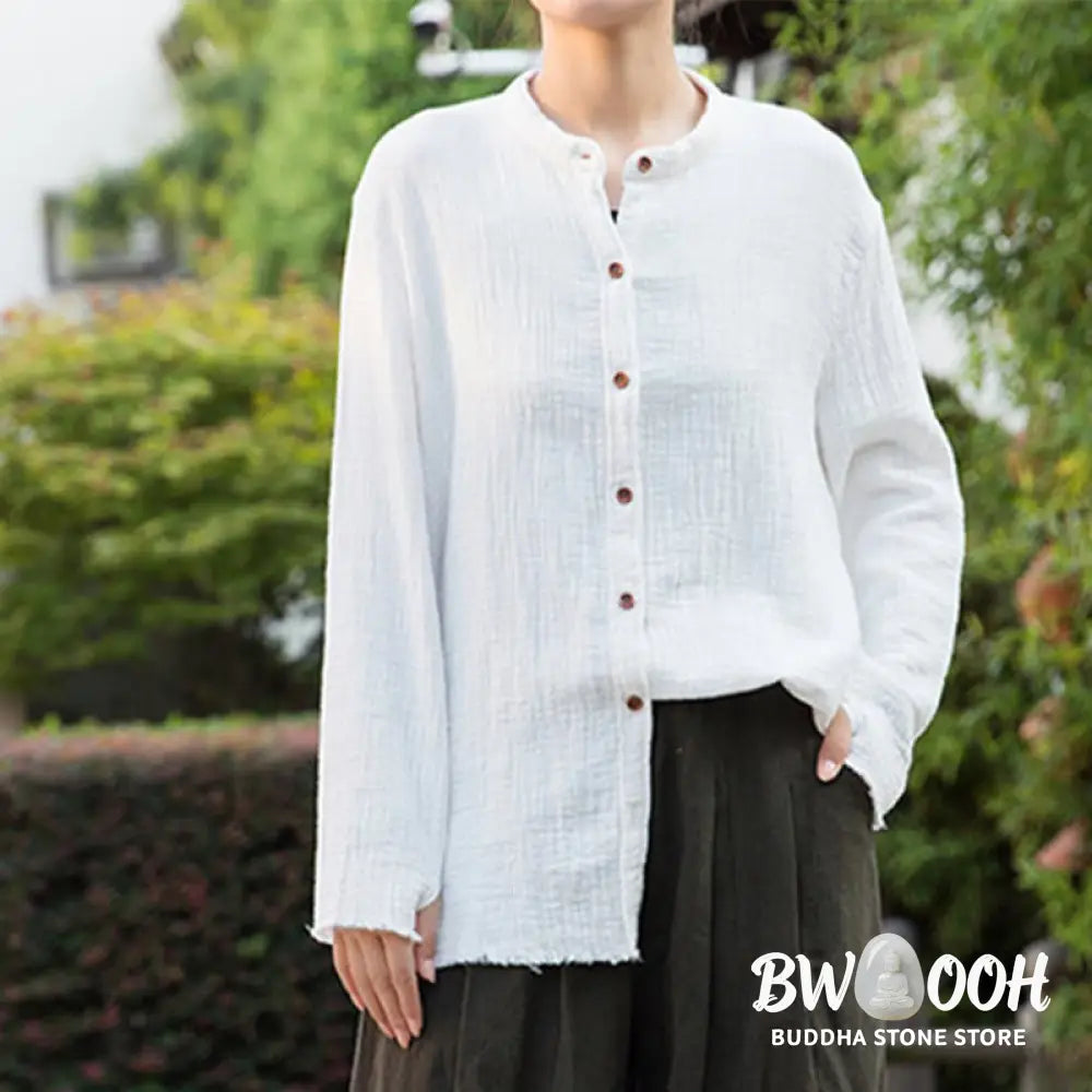 Buddha Stones Literary Artistic Double-Layered Sand Wash Cotton Linen Clothing - Women’s Shirts