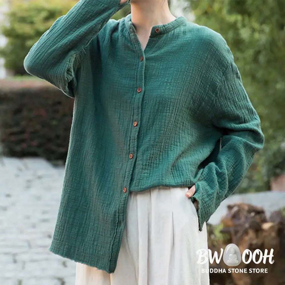 Buddha Stones Literary Artistic Double-Layered Sand Wash Cotton Linen Clothing - Women’s Shirts