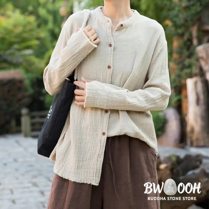 Buddha Stones Literary Artistic Double-Layered Sand Wash Cotton Linen Clothing - Women’s Shirts