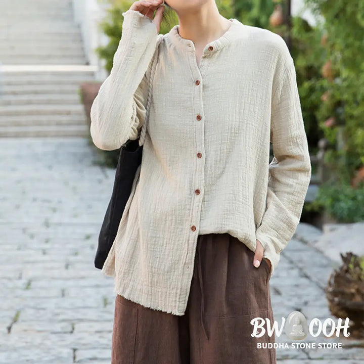 Buddha Stones Literary Artistic Double-Layered Sand Wash Cotton Linen Clothing - Women’s Shirts
