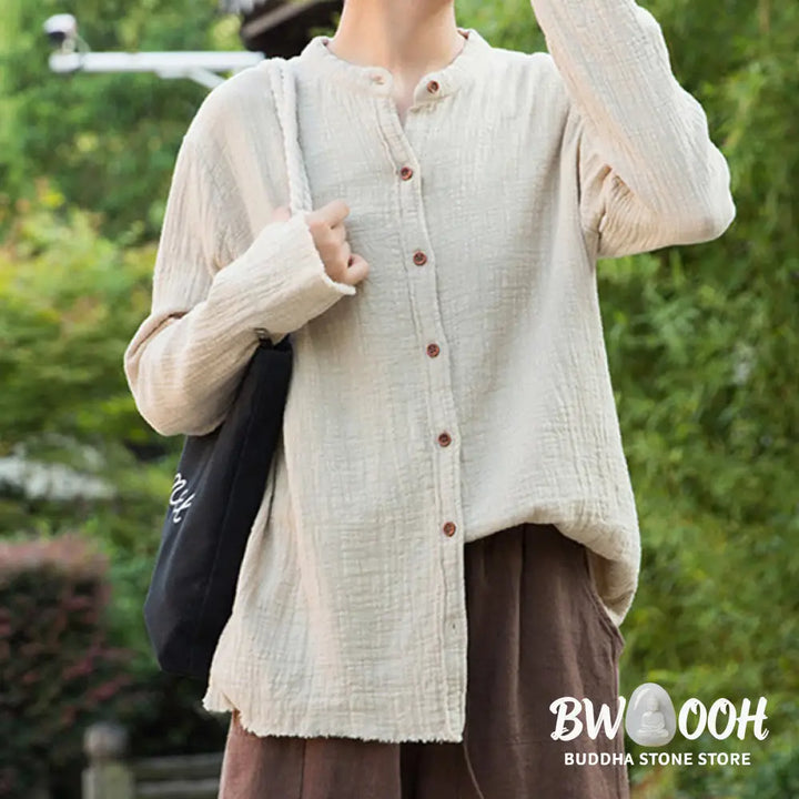 Buddha Stones Literary Artistic Double-Layered Sand Wash Cotton Linen Clothing - Women’s Shirts