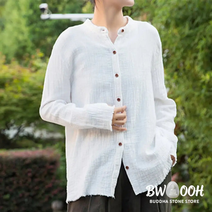 Buddha Stones Literary Artistic Double-Layered Sand Wash Cotton Linen Clothing - Women’s Shirts