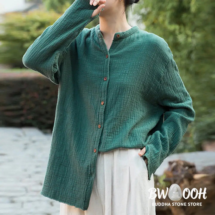 Buddha Stones Literary Artistic Double-Layered Sand Wash Cotton Linen Clothing - Women’s Shirts
