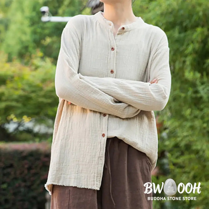 Buddha Stones Literary Artistic Double-Layered Sand Wash Cotton Linen Clothing - Women’s Shirts