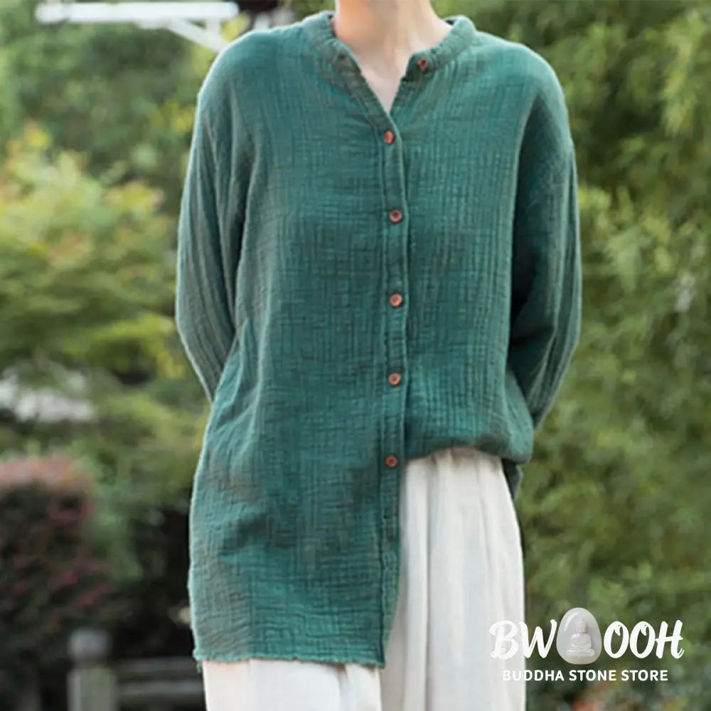 Buddha Stones Literary Artistic Double-Layered Sand Wash Cotton Linen Clothing - Women’s Shirts