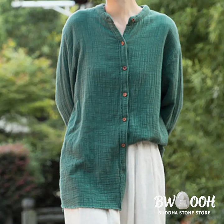 Buddha Stones Literary Artistic Double-Layered Sand Wash Cotton Linen Clothing - Women’s Shirts