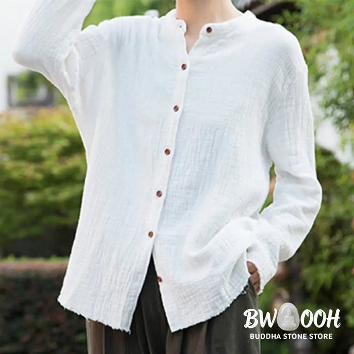 Buddha Stones Literary Artistic Double-Layered Sand Wash Cotton Linen Clothing - Women’s Shirts