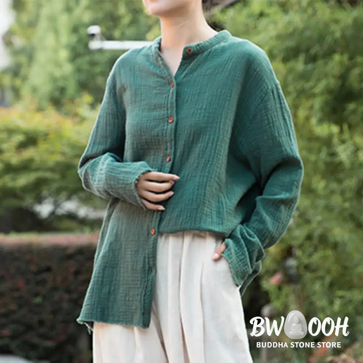 Buddha Stones Literary Artistic Double-Layered Sand Wash Cotton Linen Clothing - Women’s Shirts