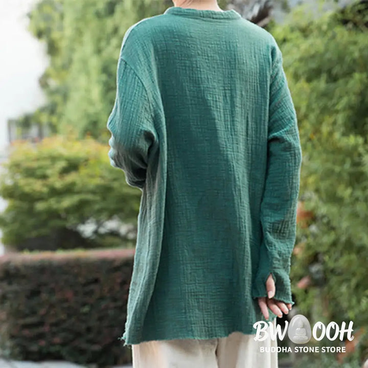 Buddha Stones Literary Artistic Double-Layered Sand Wash Cotton Linen Clothing - Women’s Shirts