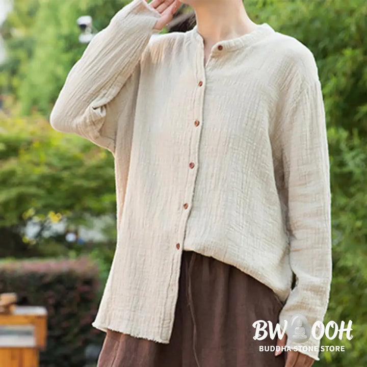 Buddha Stones Literary Artistic Double-Layered Sand Wash Cotton Linen Clothing - Women’s Shirts