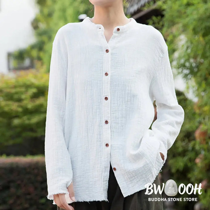 Buddha Stones Literary Artistic Double-Layered Sand Wash Cotton Linen Clothing - Women’s Shirts