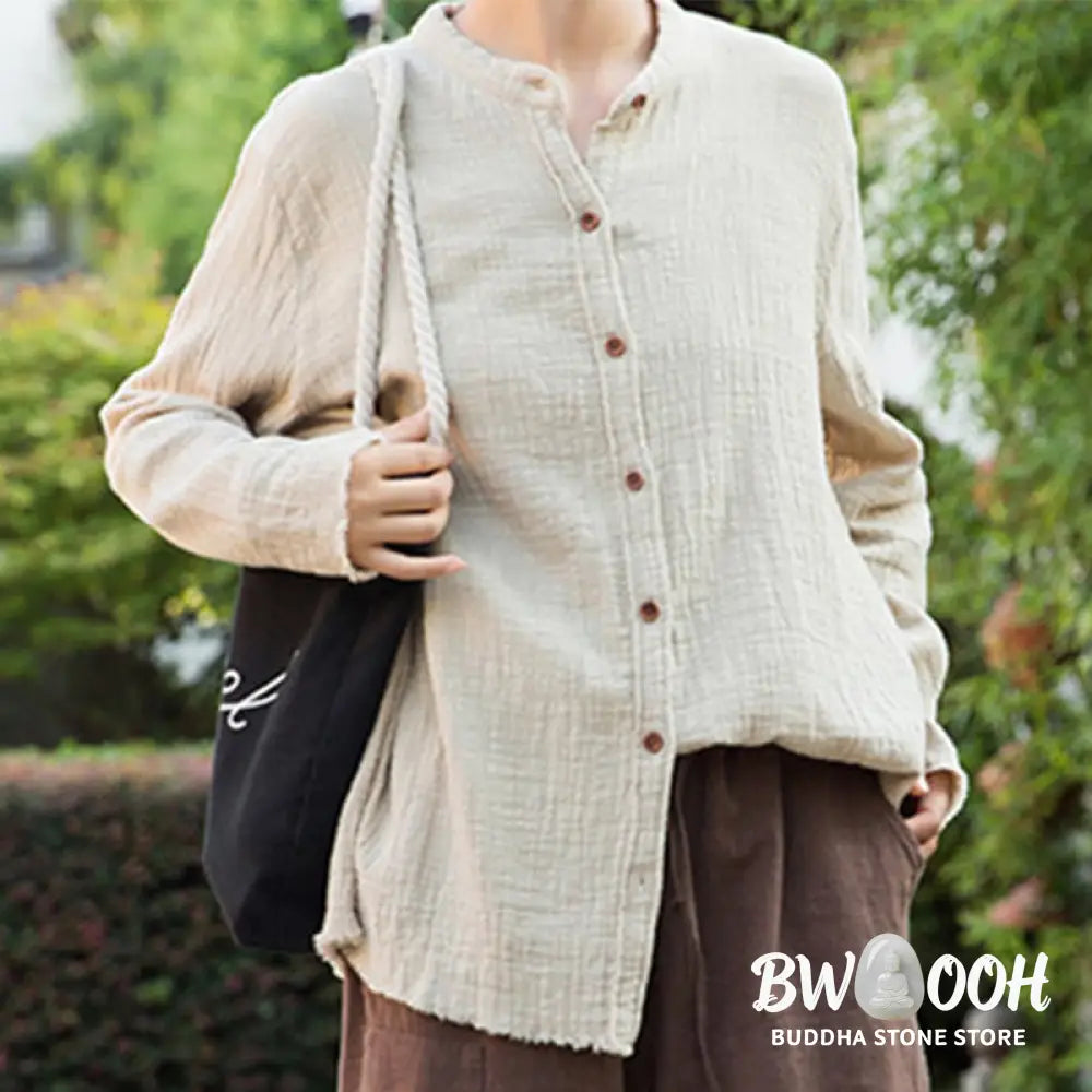 Buddha Stones Literary Artistic Double-Layered Sand Wash Cotton Linen Clothing - Women’s Shirts