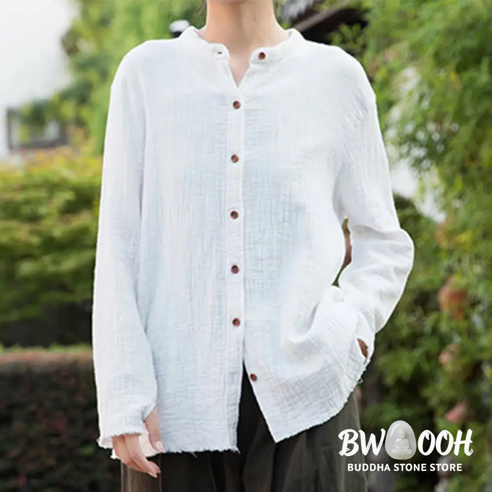 Buddha Stones Literary Artistic Double-Layered Sand Wash Cotton Linen Clothing - Women’s Shirts